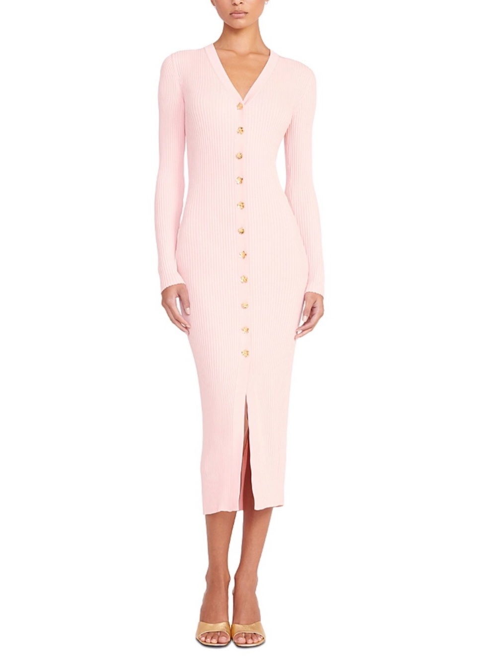 Staud Ribbed Button-Front V-Neck Midi Dress in Light Pink